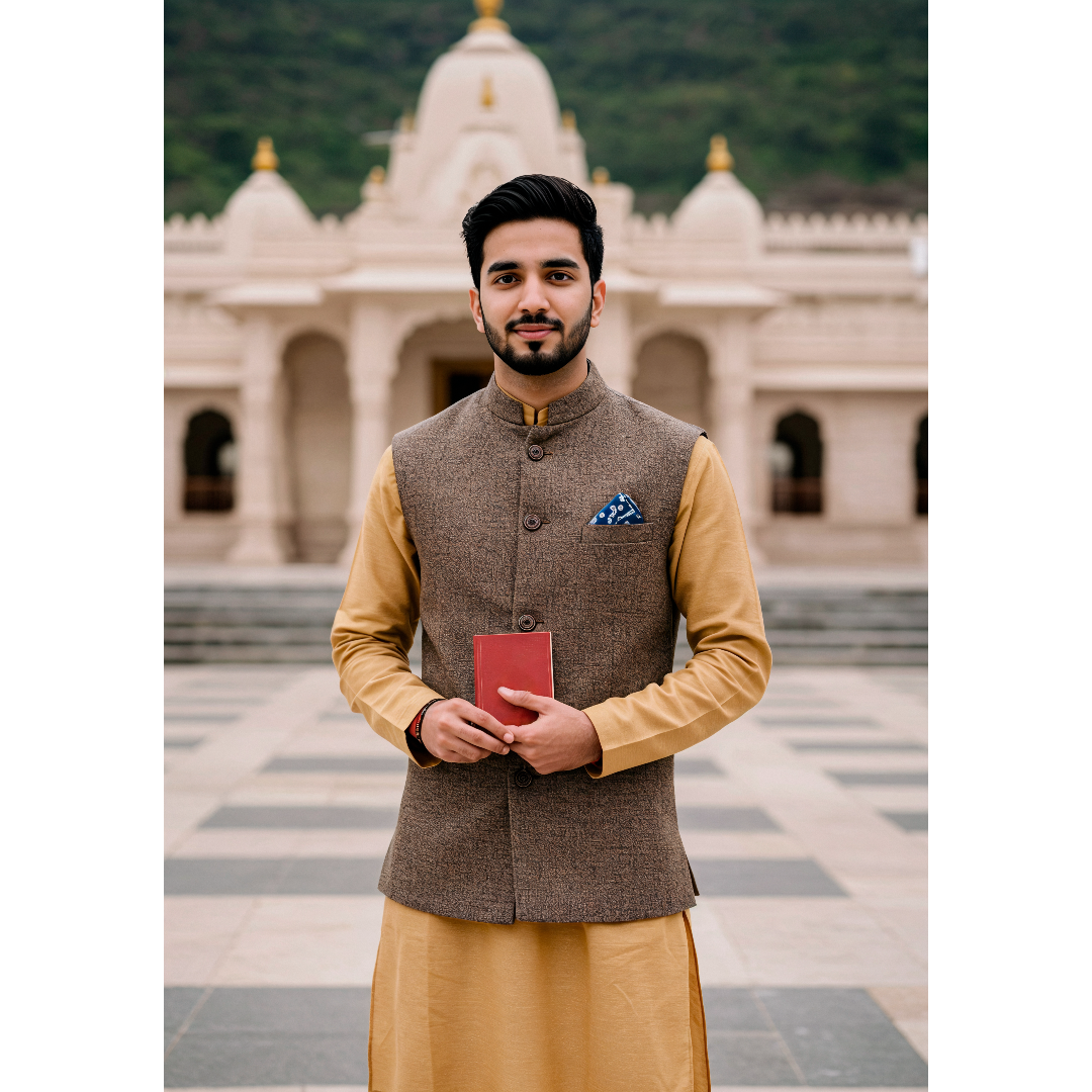 Mustard Yellow Kurta & Brown Tweed Waistcoat